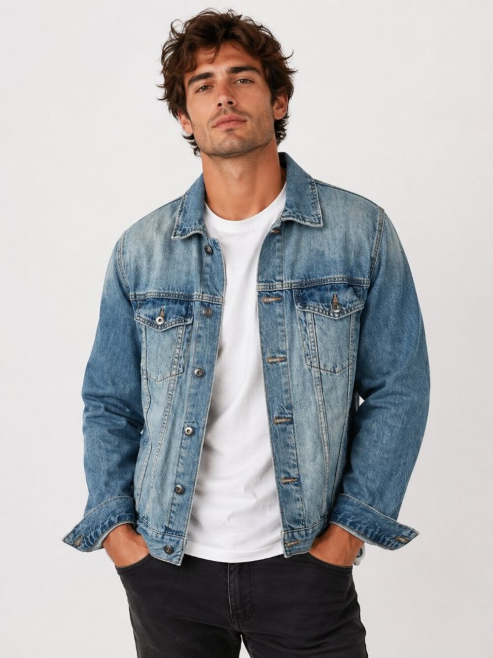 Forever 21 Denim Trucker Jacket Washed Blue Button Front Mens Small Classic